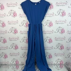 Rebel Sugar girls jumpsuit pants flared open side cutout Blue Ribbed Jumpsuit